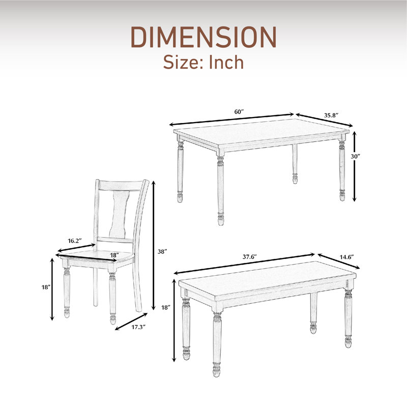 6 - Person Four Leg Dining Set, Brown, Cottage White, Brown/Cottage White