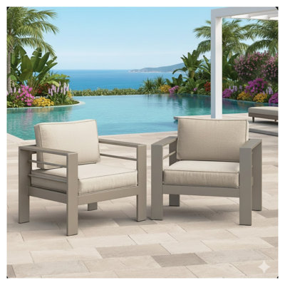 Ensemble de 2 fauteuils de patio en métal toutes saisons avec coussins épais en oléfine, kaki clair et beige