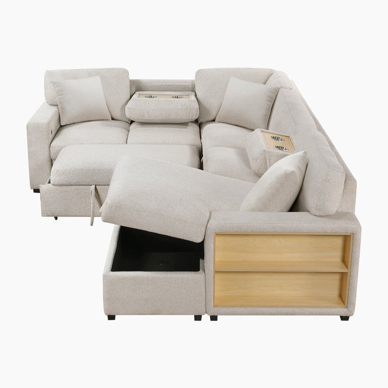 Canapé modulaire contemporain à accoudoirs carrés avec lit escamotable Meserve de 121 po Meserve, Tissu beige