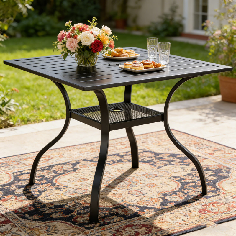 Table de salle à manger carrée 37 "en métal avec trou pour parasol 1,57" et tablette inférieure, H 28 po x l 37 po x P 37 po