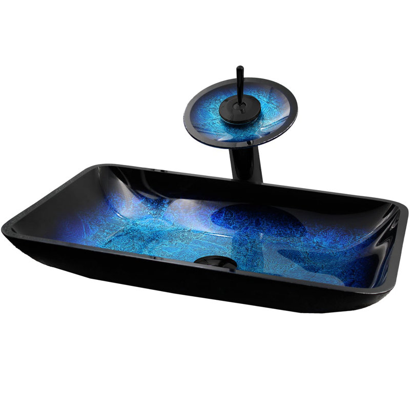Novatto 14'' Glass Square Bathroom Sink with Faucet,  Matte Black