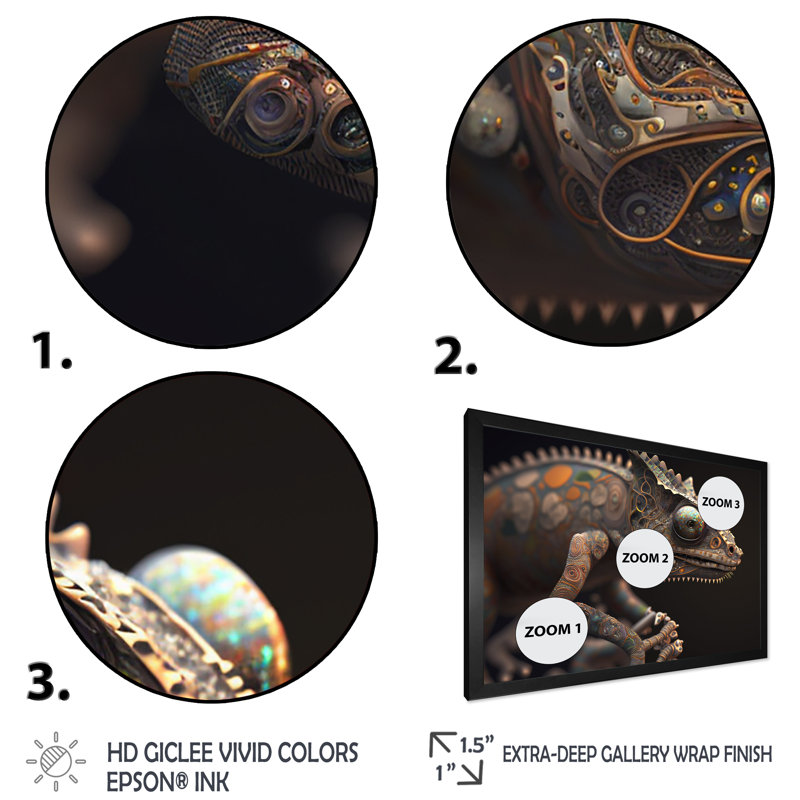 Gros plan sur un caméléon coloré, impression sur toile Zavier, Impression noire sur toile encadrée
