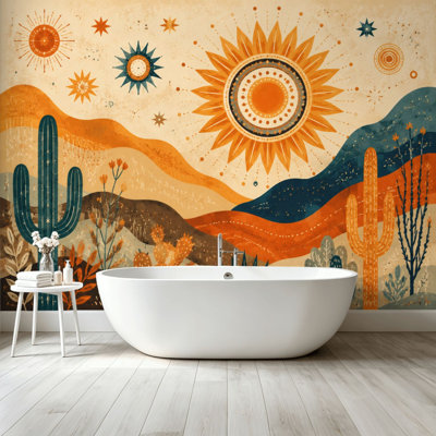 Peel and Stick Wallpaper Wall Mural Boho Desert Landscape Sun Cacti Abstract Patterns Warm Earth Tones Wall Art Self Adhesive and Removable