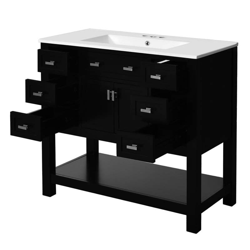 Meuble-lavabo 36 po avec lavabo en céramique, 6 tiroirs, 2 portes, noir, lavabo encastré, 36 po, fermeture à la mode tendance et fonctionnelle
