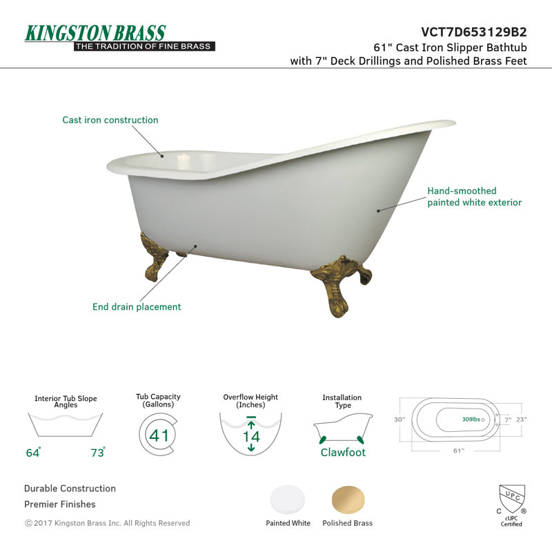 Kingston Brass Aqua Eden 61-Inch Cast Iron Oval Single Slipper Clawfoot Tub (7-Inch Faucet Drillings), Polished Brass