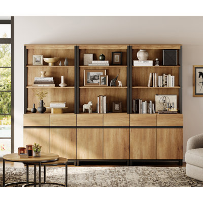 Aadam 3 PCS Modern 72" Tall Bookcases With Metal Base And Adjustable Shelves, Library Book Shelf With Storage Cabinet And Open Book Shelfs, Wood Bookshelves