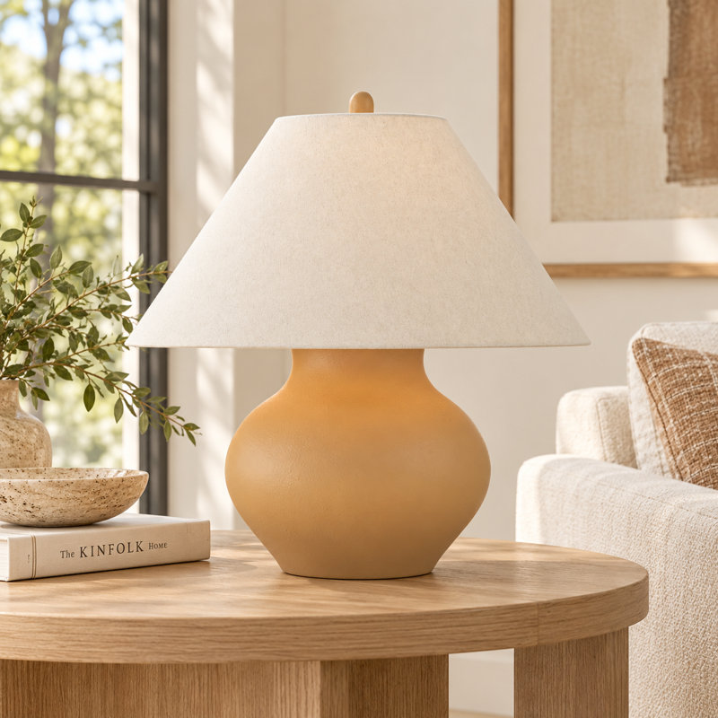 Lampe de table 22 po en résine champêtre avec abat-jour en tissu lin