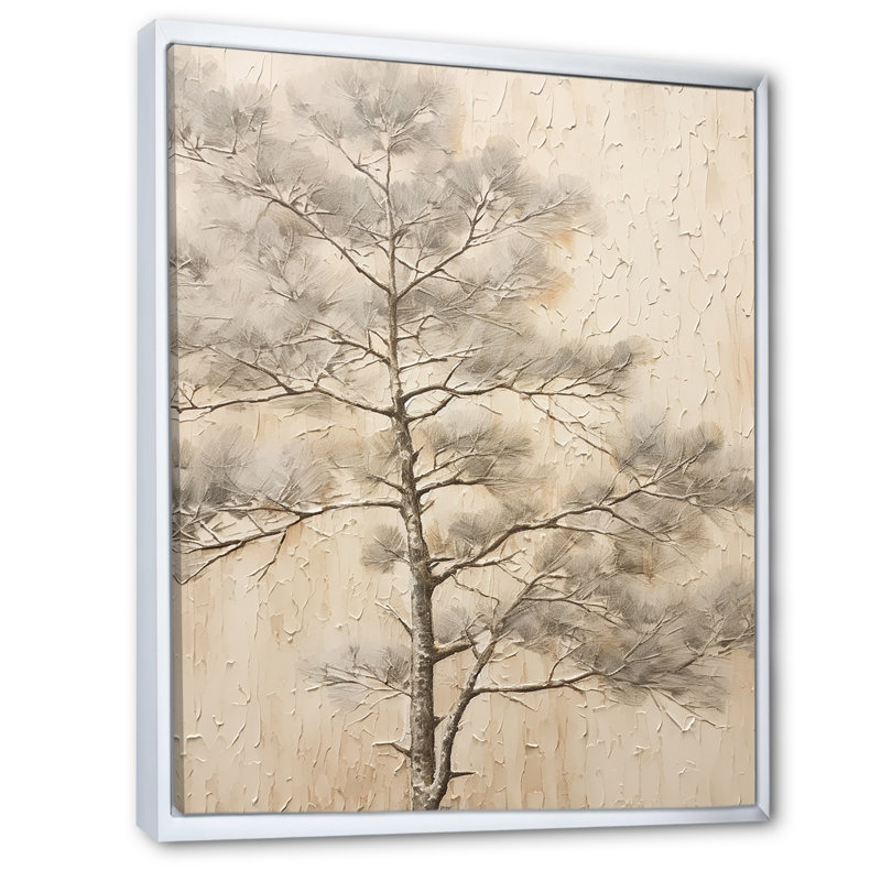 «Beige Tree Pine Zen Scenery II», reproduction d'art sur toile, Cadre flottant blanc, H 32 po x l 16 po x P 1 po