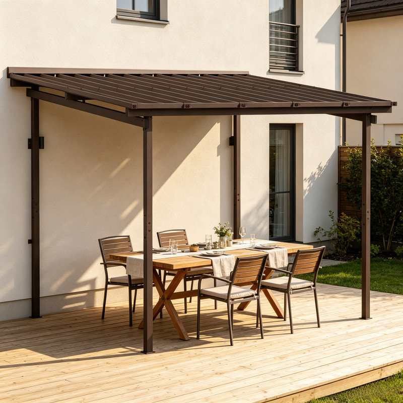 Brown Lean-To Hardtop Metal Pergola 3 Metre by 3 Metre Sloped Waterproof Steel Roof Outdoor Patio Shelter with Powder Coated Support Posts for Backyard Family Gathering Space
