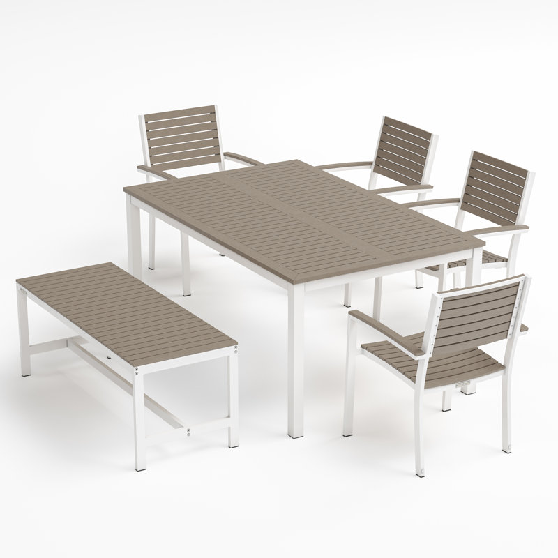 Travira 6 - Person Patio Dining Set with Rectangular Table, Chalk, Tekwood Vintage