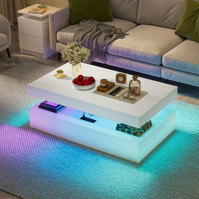39” High-glossy Led Coffee Table With 2 Sliding Drawers, Modern Stylish Double-layer Center Tables With Led Lights, Charging Station
