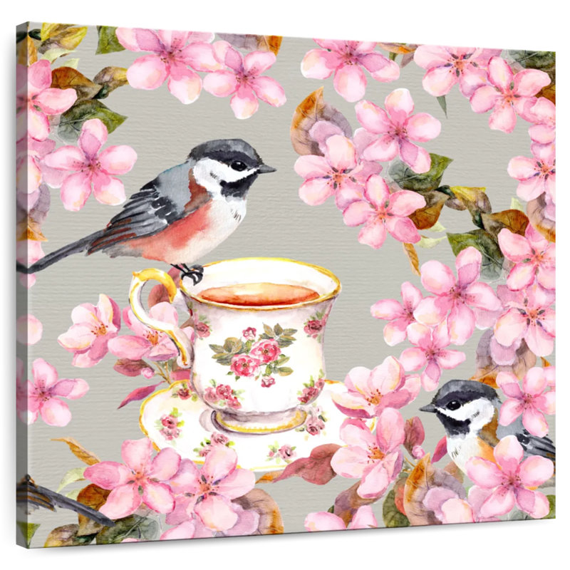 Brampt Bird On Teacup And Pink Flowers