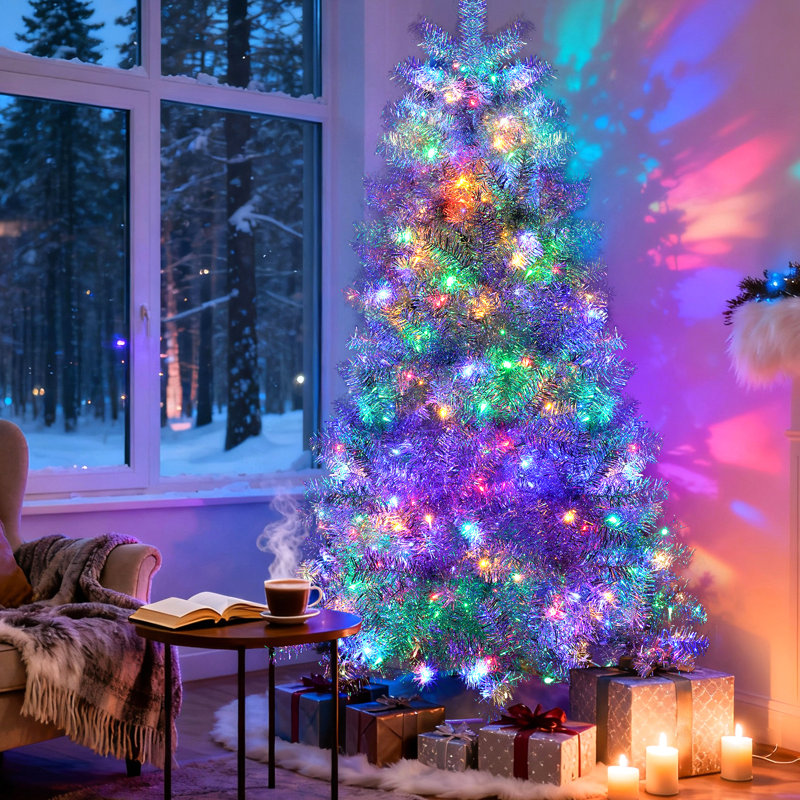 Arbre de Noël artificiel argenté scintillant 6 pi, avec 300 lumières DEL en 11 modes, 800 branches à charnières, idéal pour les célébrations festives intérieures et extérieures, matériau durable pré-éclairé