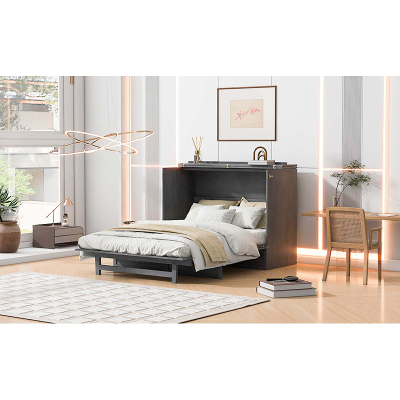 Lit escamotable avec grands tiroirs et ports USB, gris, Double