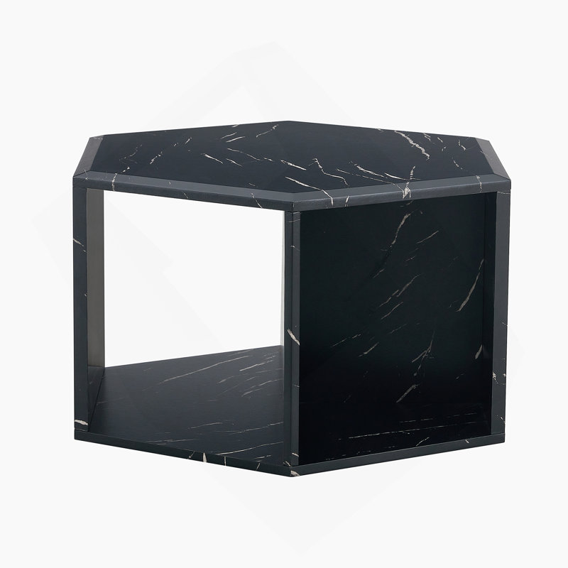 Hexagonal MDF Coffee Table, Characteristic Pattern Stickers, Black, 14" H x 25" L x 21.6" W