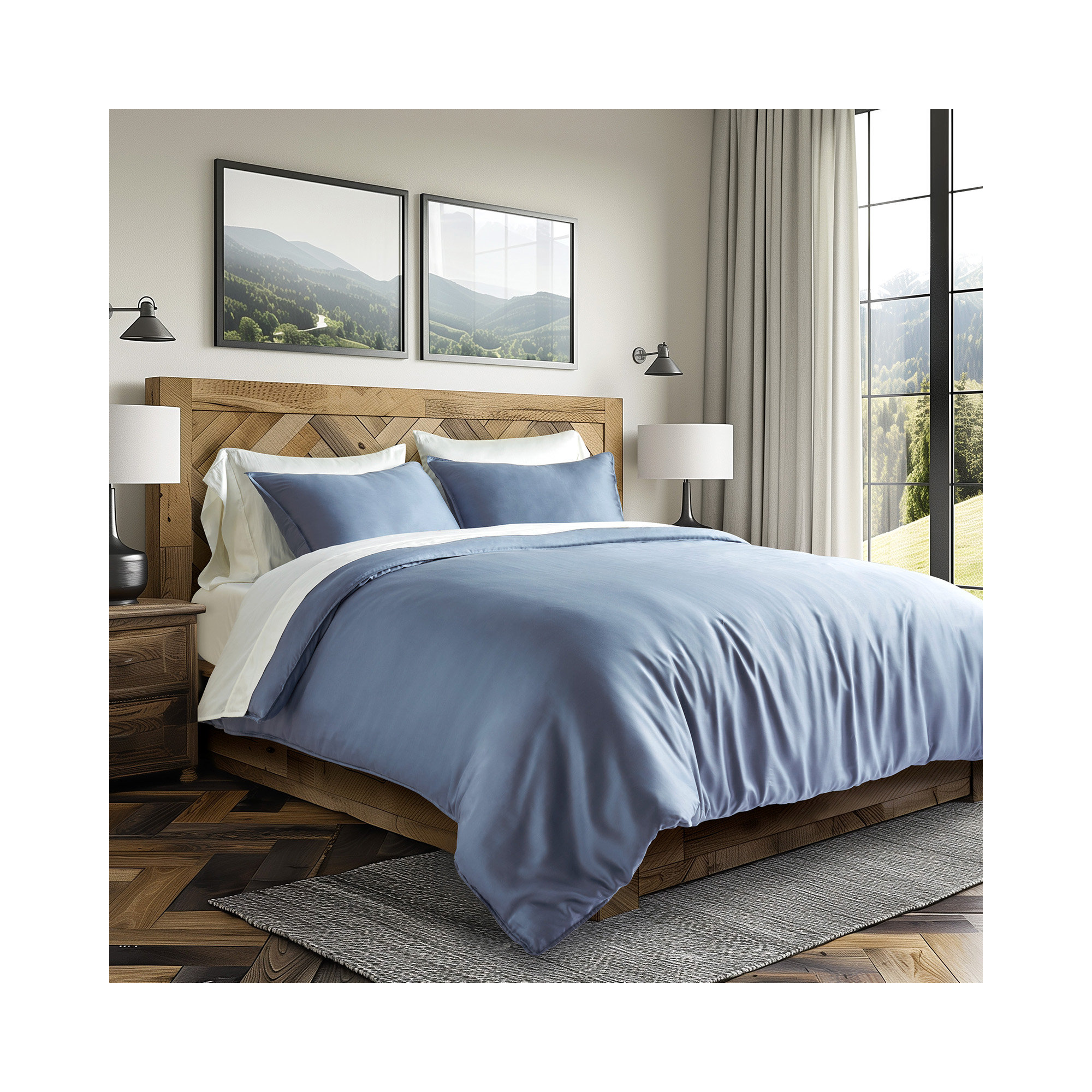 Tencel Lyocell Cooling Duvet Cover Set, Queen Duvet Cover + 2 Queen Shams, Stormy Blue