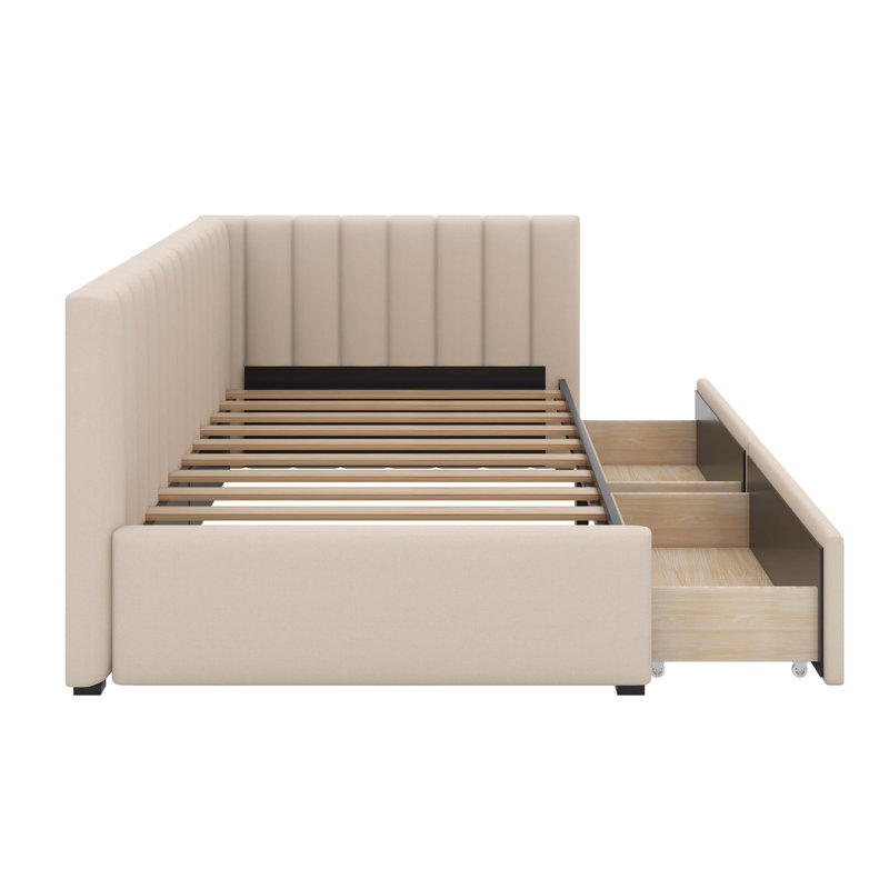 Twin Size Upholstered Daybed With 2 Storage Drawers, Beige