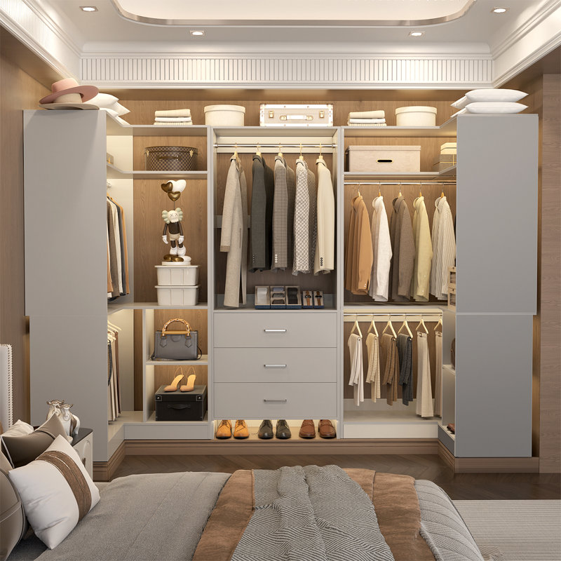 88.8'' W Closet System with Wooden Drawers and Hanging Rods, Gray