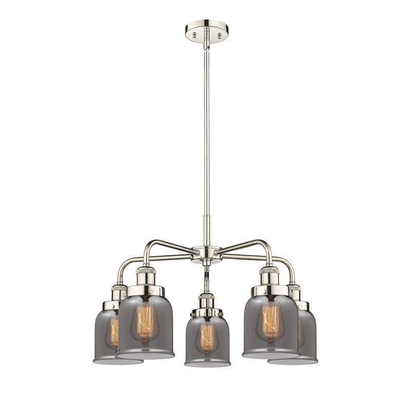 Lustre en verre à 5 lumières Bell, Plaqué couleur fumée, Nickel poli