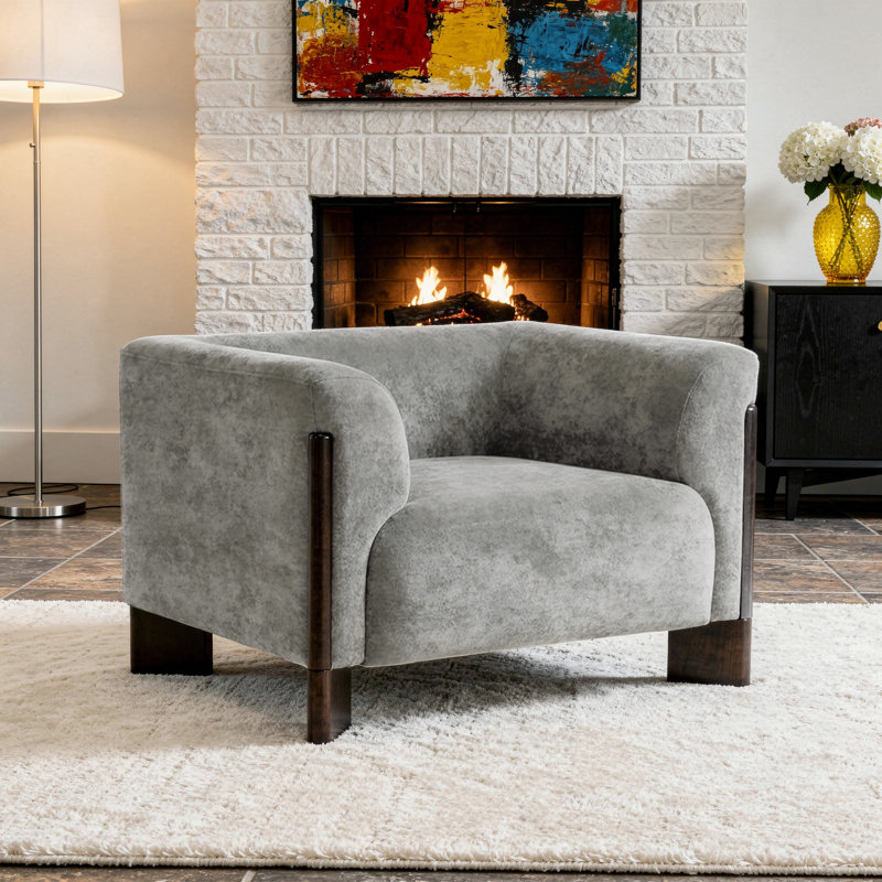 Upholstered Gray Chenille Modern Curved Arm Design Armchair With Solid Wood Legs, Gray