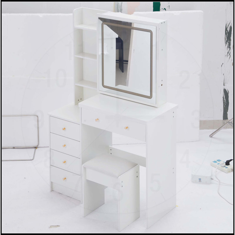 Versatile Bedside Cabinet with Advanced LED Mirror and Ample Storage, White