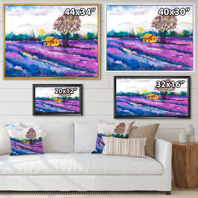 Maison de fermier solitaire sur un champ de lavande - peinture sur toile, H 12 po x l 20 po, Cadre flottant en érable