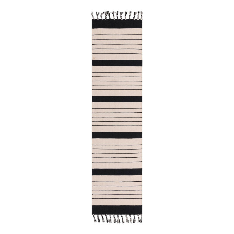 Tapis noir / blanc en coton tissé à la main Chindi, Tapis de couloir 2 pi 7 po x 10 pi