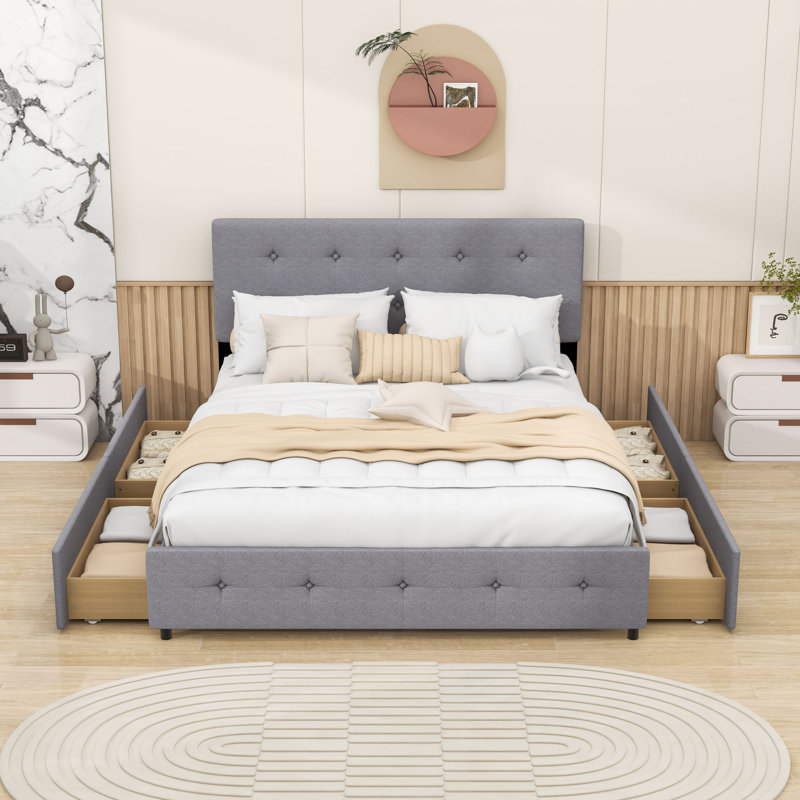 Grand lit plateforme tapissier avec tiroirs de rangement, Gris clair