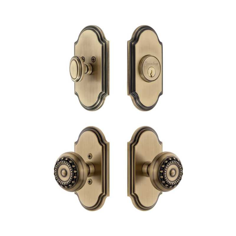 Grandeur Arc Short Plate Entry Set with Parthenon Knob in Antique Pewter, 2.375", Vintage Brass