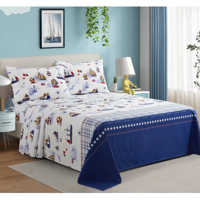 Ensemble de draps en coton imprimé à motif de bateau à voile pour enfant 4 pièces Marina