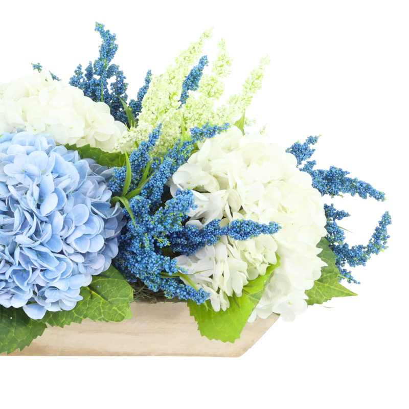 Hydrangea and Heather Centerpiece in Wood Planter