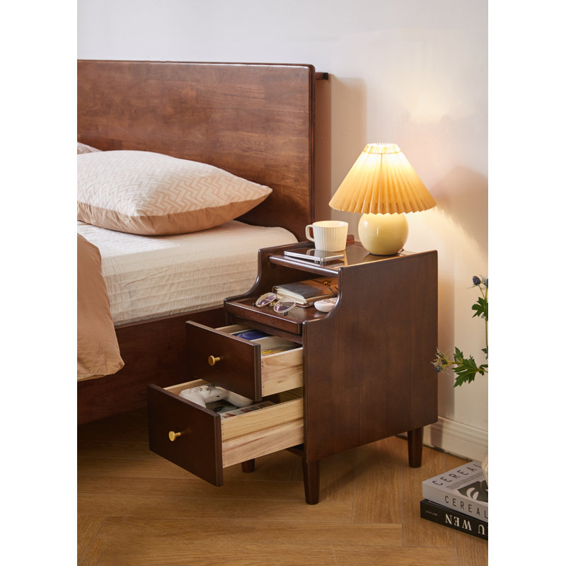 Solid Wood Nightstand with 2 Drawers and Pull‑Out Panel, Multipurpose Bedside Table & Sofa Side Table for Bedroom Living Room