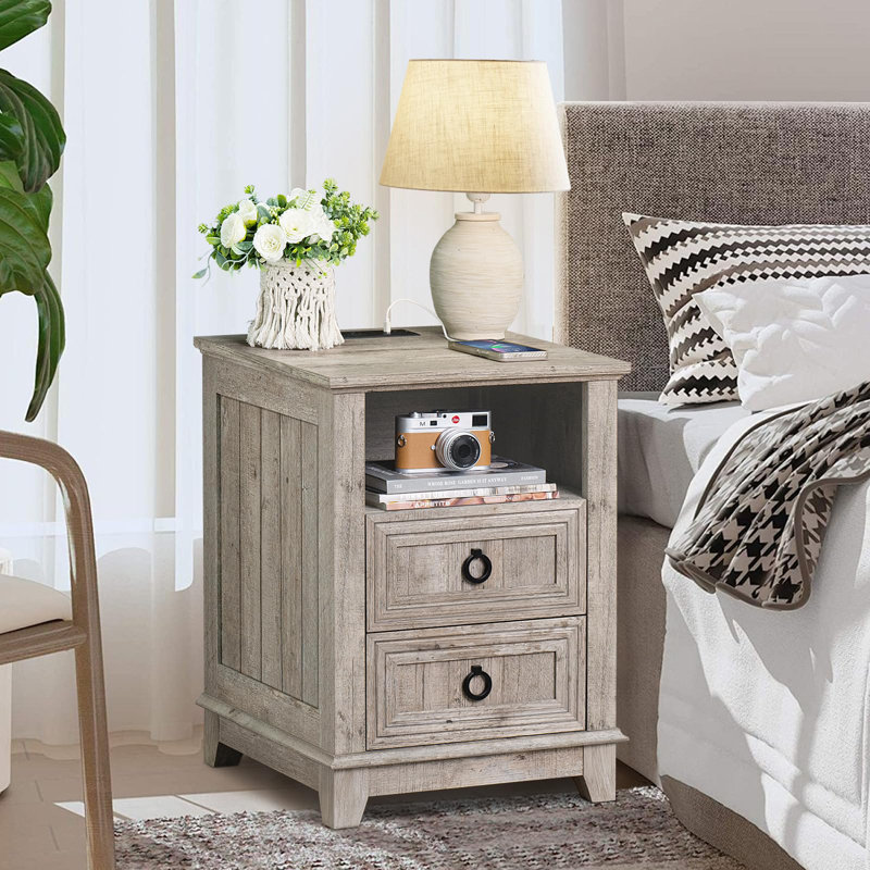 18" Farmhouse Night Stand with Charging Station, 2 Drawers End Table Dresser for Bedroom,Wooden Nightstand, Bed Side Table with Open Shelf, Bedside Cabinet for Living Room, Closet