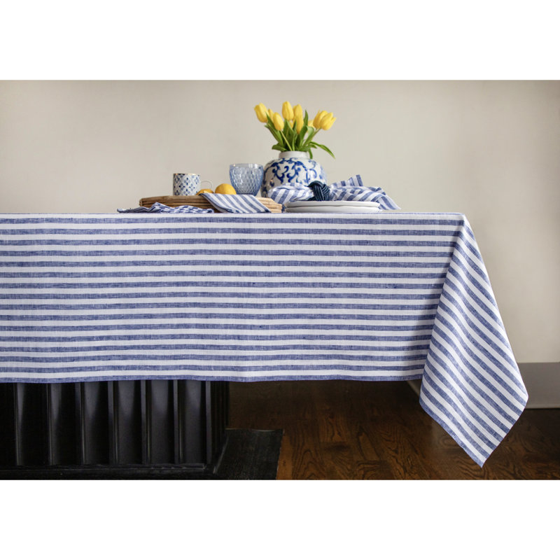 Navy and White Striped Linen Rectangular Tablecloth 60 x 90 Inch