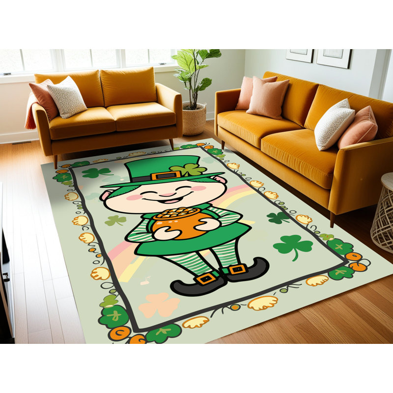 One Allium Way® Washable Saint Patrick's Day Clover Leprechaun Holiday Rug, Rectangle 7' x 9'