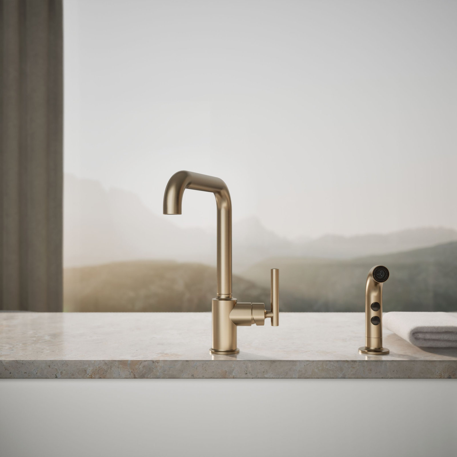 Purist Two-Hole Kitchen Sink Faucet with 8" Spout and Matching Finish Sidespray, Vibrant Brushed Bronze
