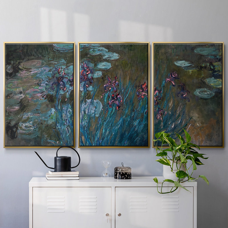 Iris et eau, reproduction sur toile 3 pièces, H 24 po x l 48 po x P 2 po, Encadrement doré
