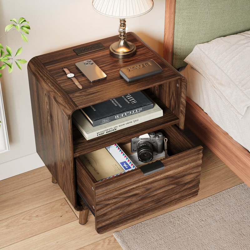 Modern End Table with Storage Cabinet & Built-in Charging Station for Living Room Bedroom, Walnut