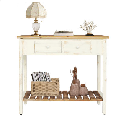 Two-Drawer Console Table with Open Storage Shelf for Entryway, Living Room, Hallway