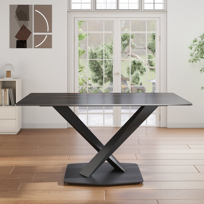 Modern Rectangular Sintered Stone Dining Table With Pedestal Base, Lauren Blackgold