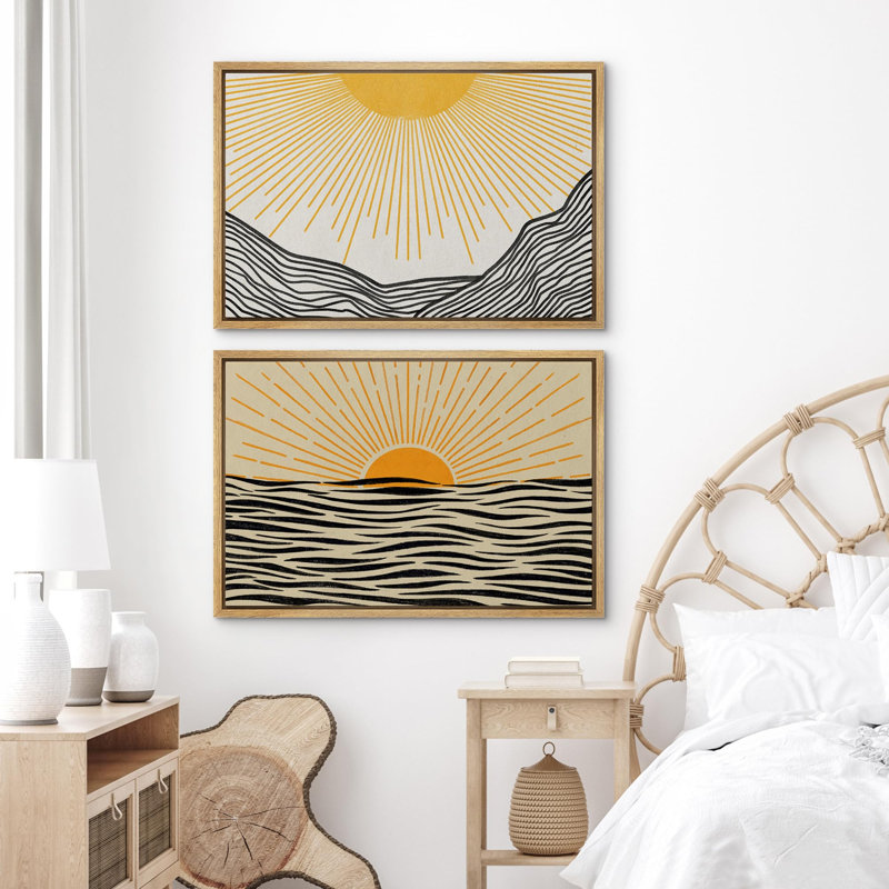 «Yellow Sunrise Abstract Ocean Nautical Coastal Llustrations» 2 pièces, Encadré naturel, H 24 po x l 36 po