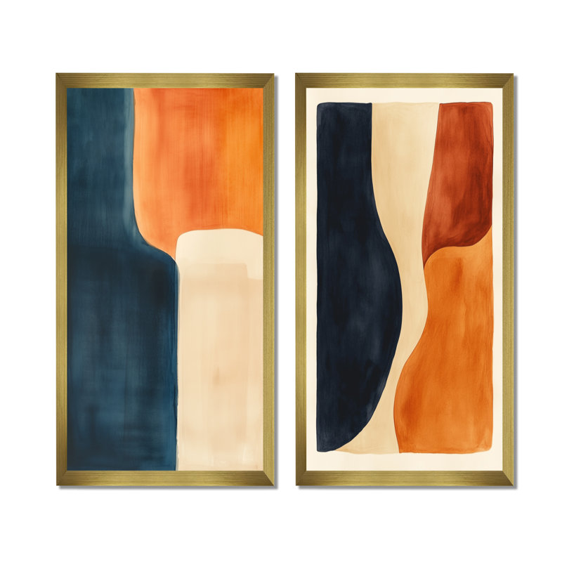 Formes abstraites équilibrées I - Tableau en deux parties aux formes modernes abstraites, 40" H x 40" W, Gold Picture Framed