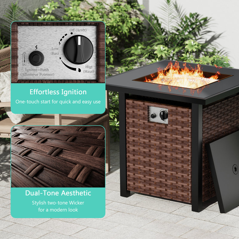 28 Inch Square Outdoor Propane Gas Fire Pit Table, Brown