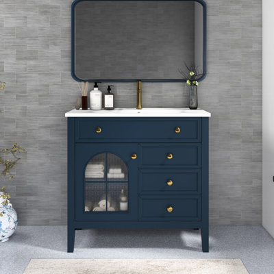 Meuble-lavabo bleu Mid-Century avec verre, tablettes réglables et fonction d'éclairage automatique