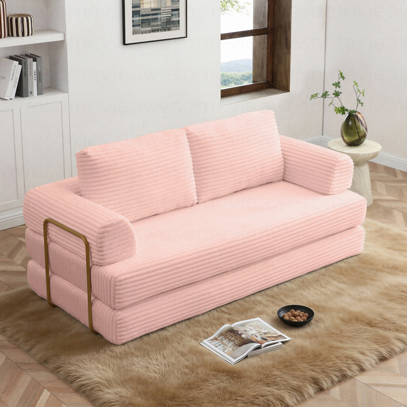 Canapé-lit convertible, canapé-lit pliant en velours côtelé, matelas de lit futon avec oreillers, canapé désossé pour le salon, rose
