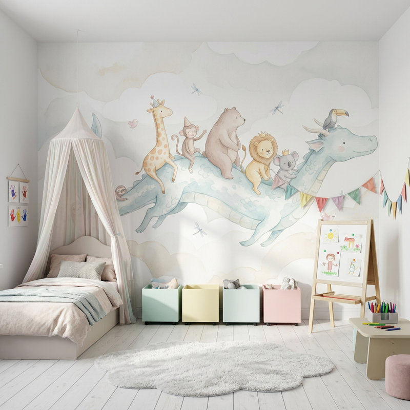 Flying Dragon papier peint aquarelle amovible de chambre de bébé, 200 po x 120 po, Texturé non collé