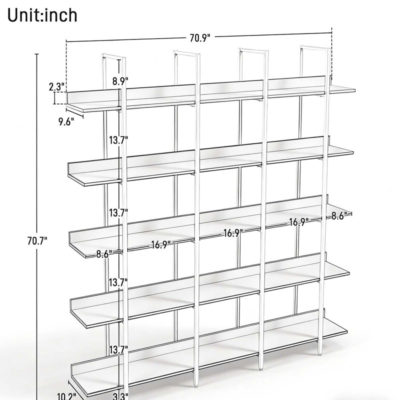 5 Tier Vintage Industrial Style Bookcase, White/Oak