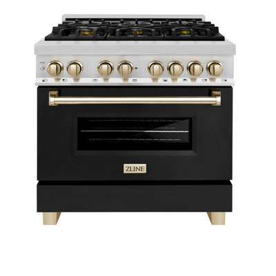 Zline Autograph Edition 36"" 4.6 Cu. Ft. Dual Fuel Range With Gas Stove And Electric Oven In Stainless Steel With Black Matte Door And Champagne Bronze -  RAZ-BLM-36-G