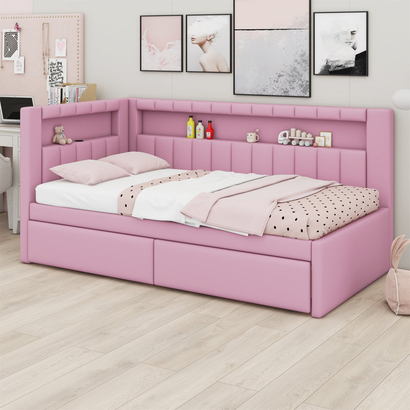 Lit plateforme tapissier avec ports USB et ceinture à DEL, avec 2 tiroirs, Rose