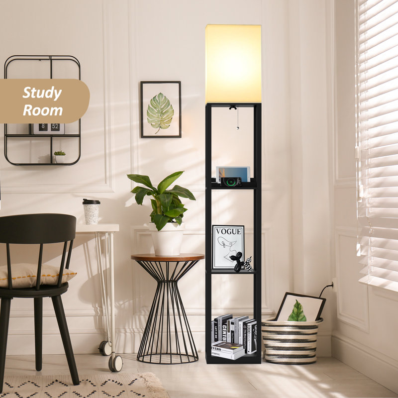 2 Charging Ports And 1 Power Outlet Shelves Floor Lamp, Matt Black